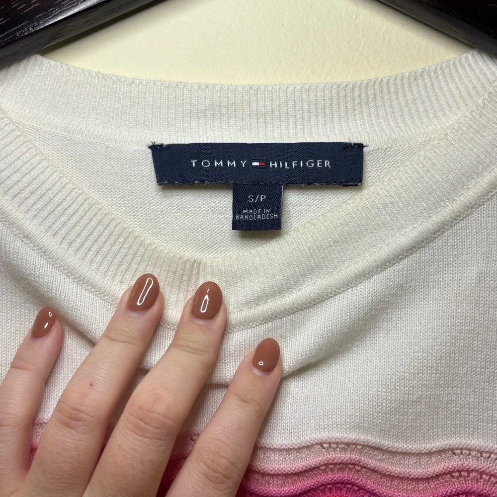 Tommy Hilfiger Wavy Striped Sweater White Pink Size Small Cotton